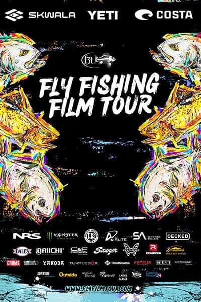 Fly Fishing Film Tour Poster with bright fish graphics on a black background.