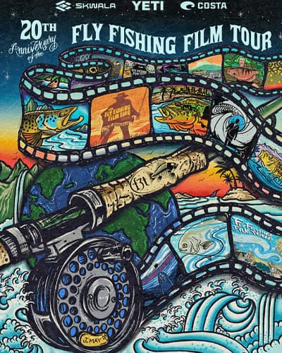 The Fly fishing Film Tour's official poster shows a colorful film strip winding around a fly pole with the world in the background.